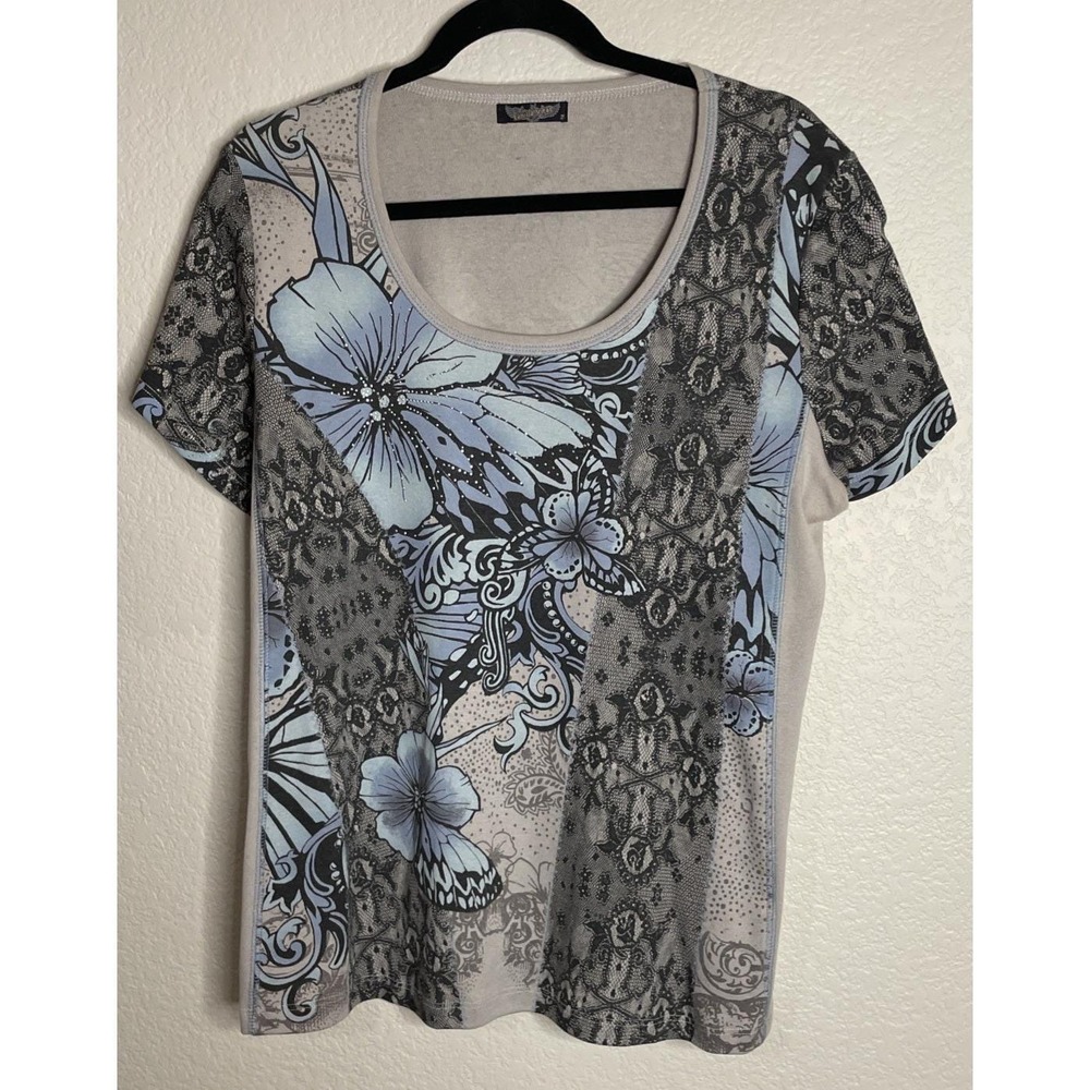 Vanilla Sugar‎ Womens 2X Top Grey Blue Floral Butterfly Lace Print Scoop Neck